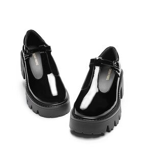 Dream Pairs Black Patent Chunky T-Strap Platform Loafers